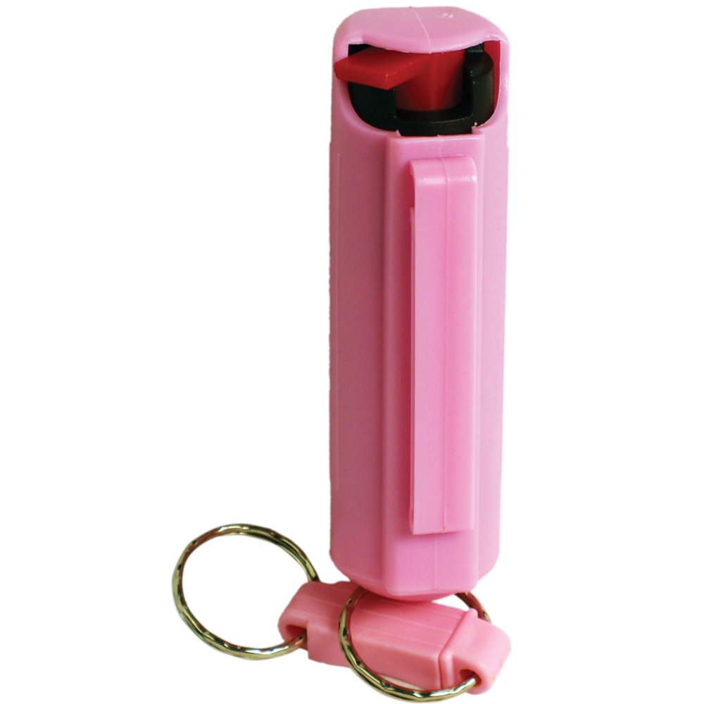 Pepper Shot 1.2% MC 1/2 oz pepper spray hard case belt clip and quick release keychain pink view 3